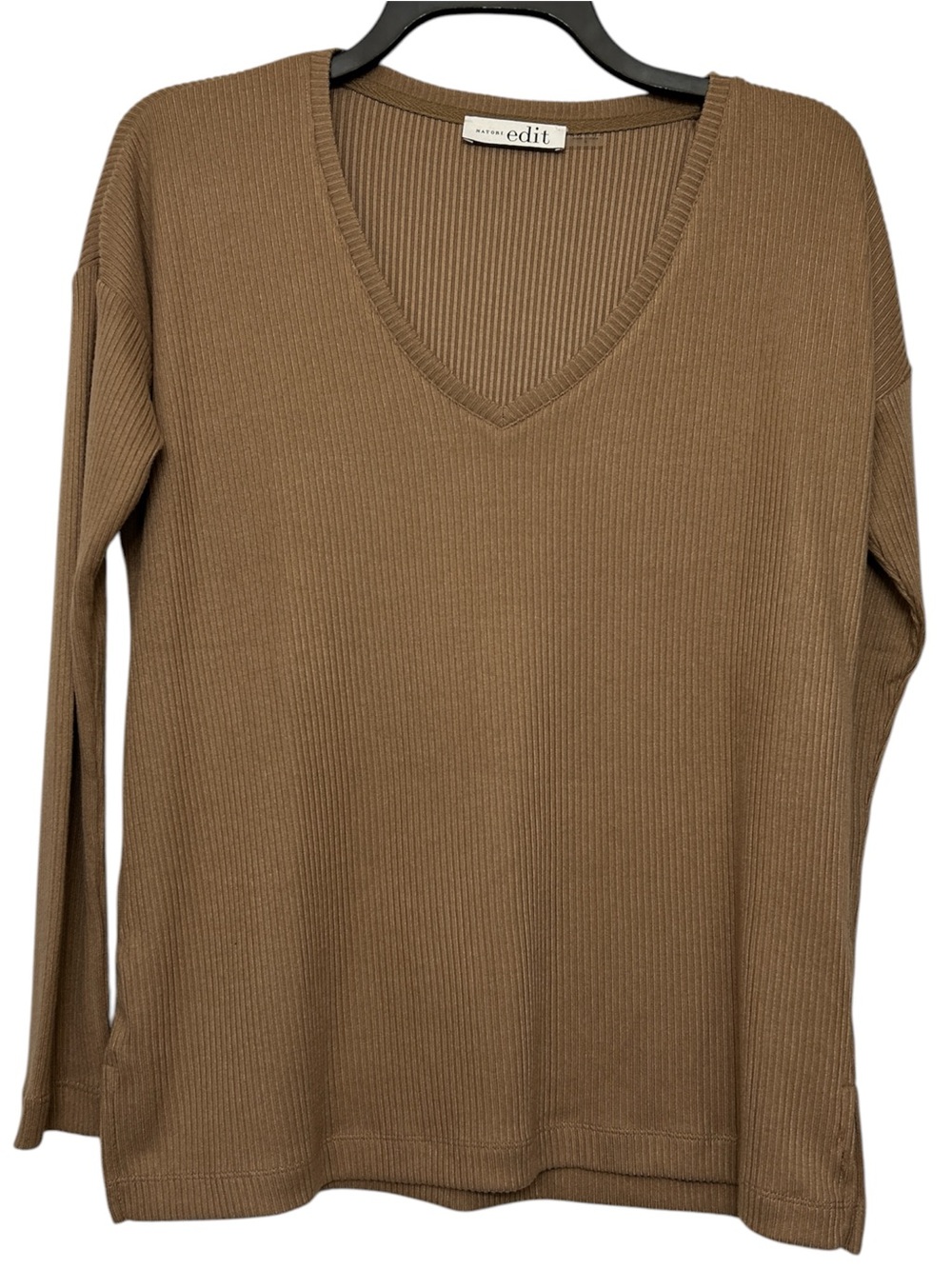 NWT Natori Edit Eden Rib Knit Everywhere V-Neck Long Sleeve Top Latte  U25508 S